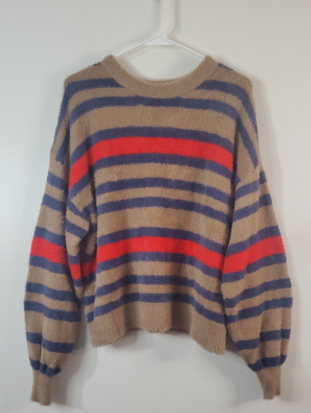 Aerie Flurry Crew Cozy Striped Fuzzy Sweater Tan, Navy & Red Size XS Oversized - Picture 4 of 16